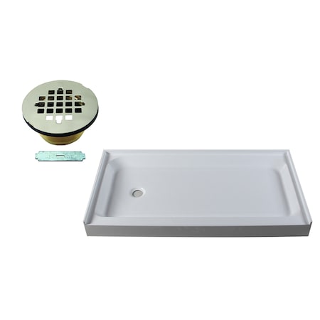 Westbrass Shower Pan 60 x 34 3-Wall W/ Left Hand Solid Brass Drain W/ Modern Cross Grid in Satin Nickel HPG6034LWHB-07